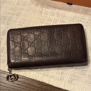 Gucci Brown Embossed Leather Zip-Around Wallet
